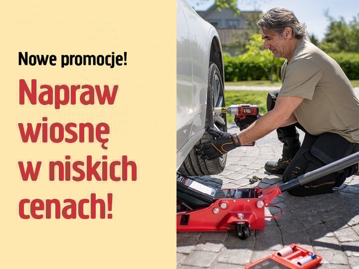 Mężczyzna klęczy przy białym samochodzie, zmieniając oponę za pomocą czerwonego podnośnika. Żółty tekst promuje nowe oferty niedrogich napraw wiosennych.
