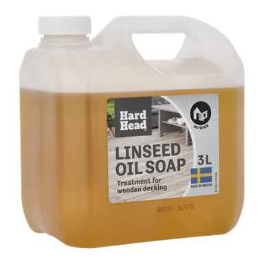 En 3-liters plastkanna med Hard Head Linseed Oil Soap för utomhus trädäck, med handtag, skruvkork och flagga på etiketten.