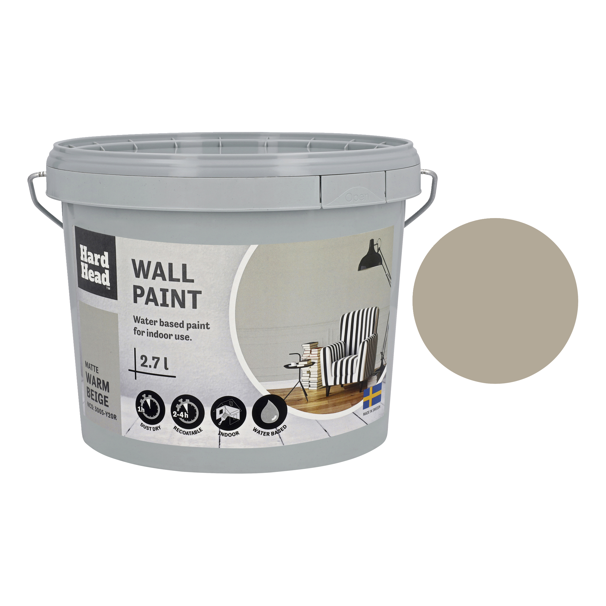 Väggfärg 2,7 l Hard Head, Warm BeigeHard Head | Warm Beige (39)169.-Matt och mjuk ytaVattenburenTillverkad i Sverige