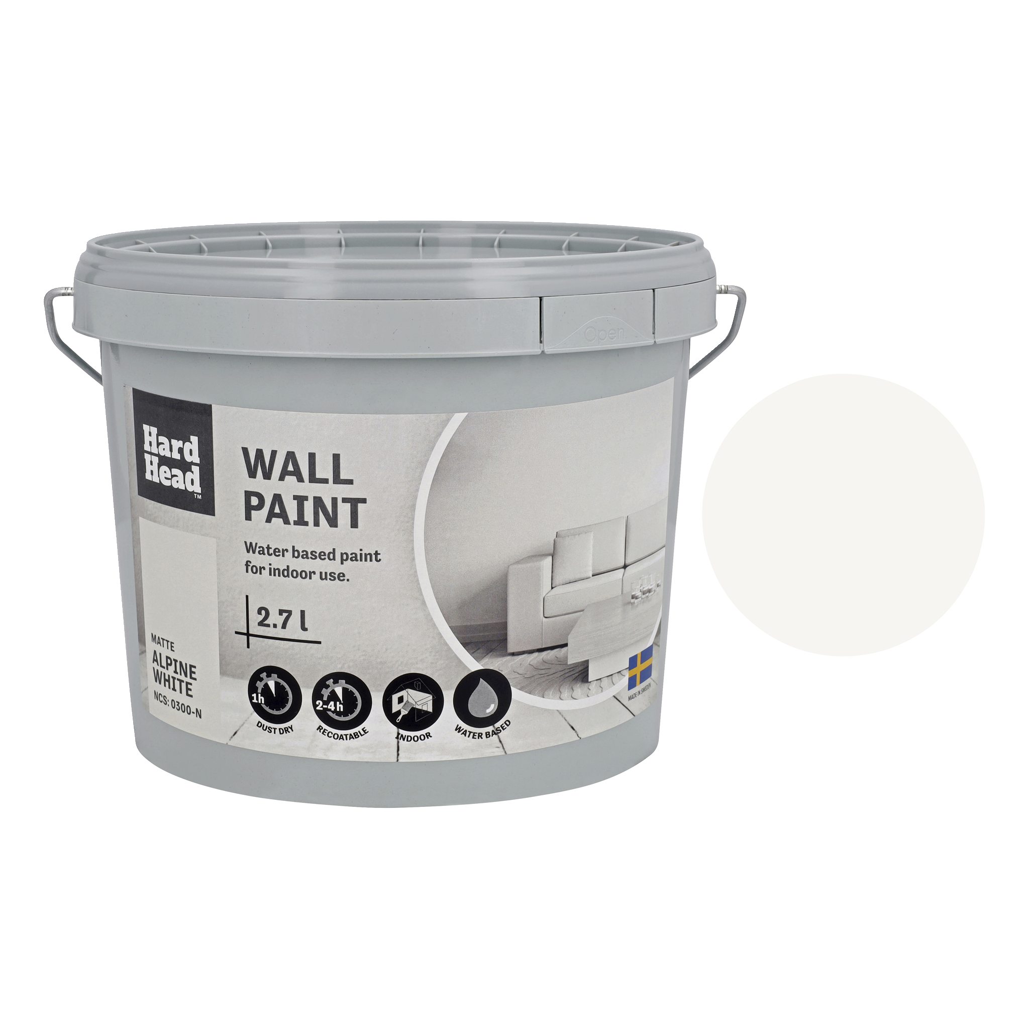 Väggfärg 2,7 l Hard Head, Matte alpine whiteHard Head | Matte alpine white (55)169.-Matt och mjuk ytaVattenburenTillverkad i Sverige