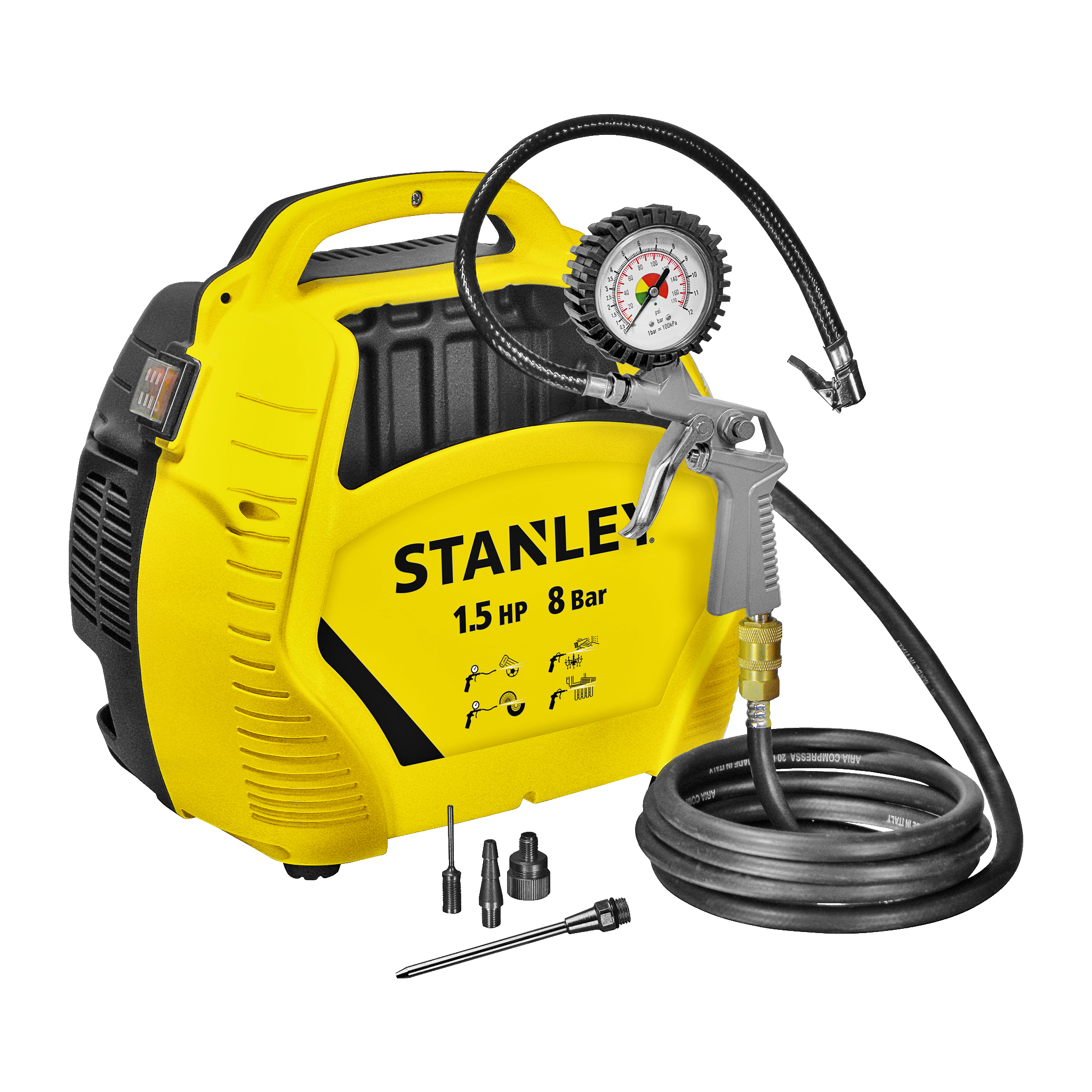 Kompressor 1100 W Stanley, Air KitStanley | Air Kit (443)1 1 299.-Kompakt – enkel att förvaraPraktiskt bärhandtagLevereras med flera tillbehör
