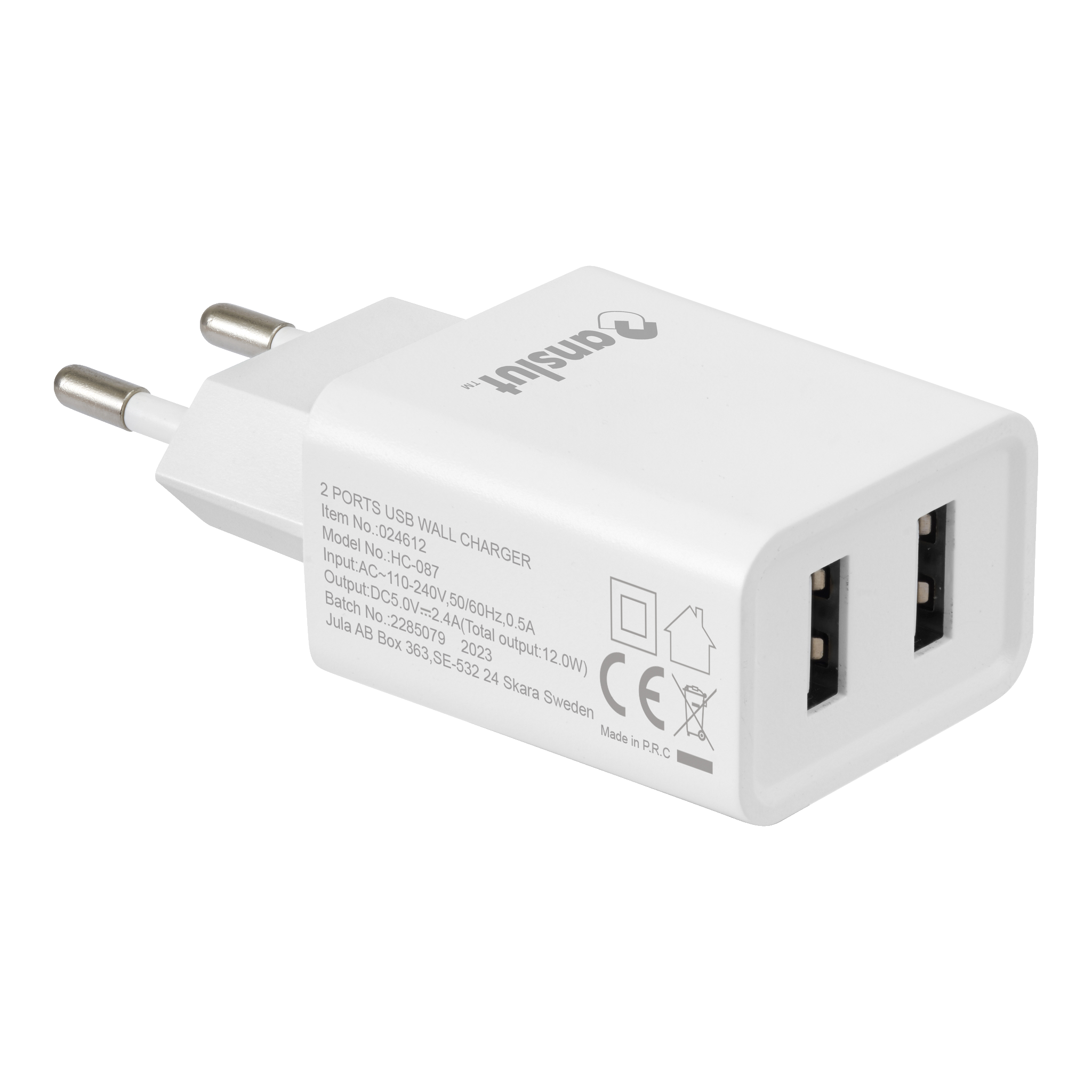 Lader USB A 12 W 5V/2,4A 110/230 V