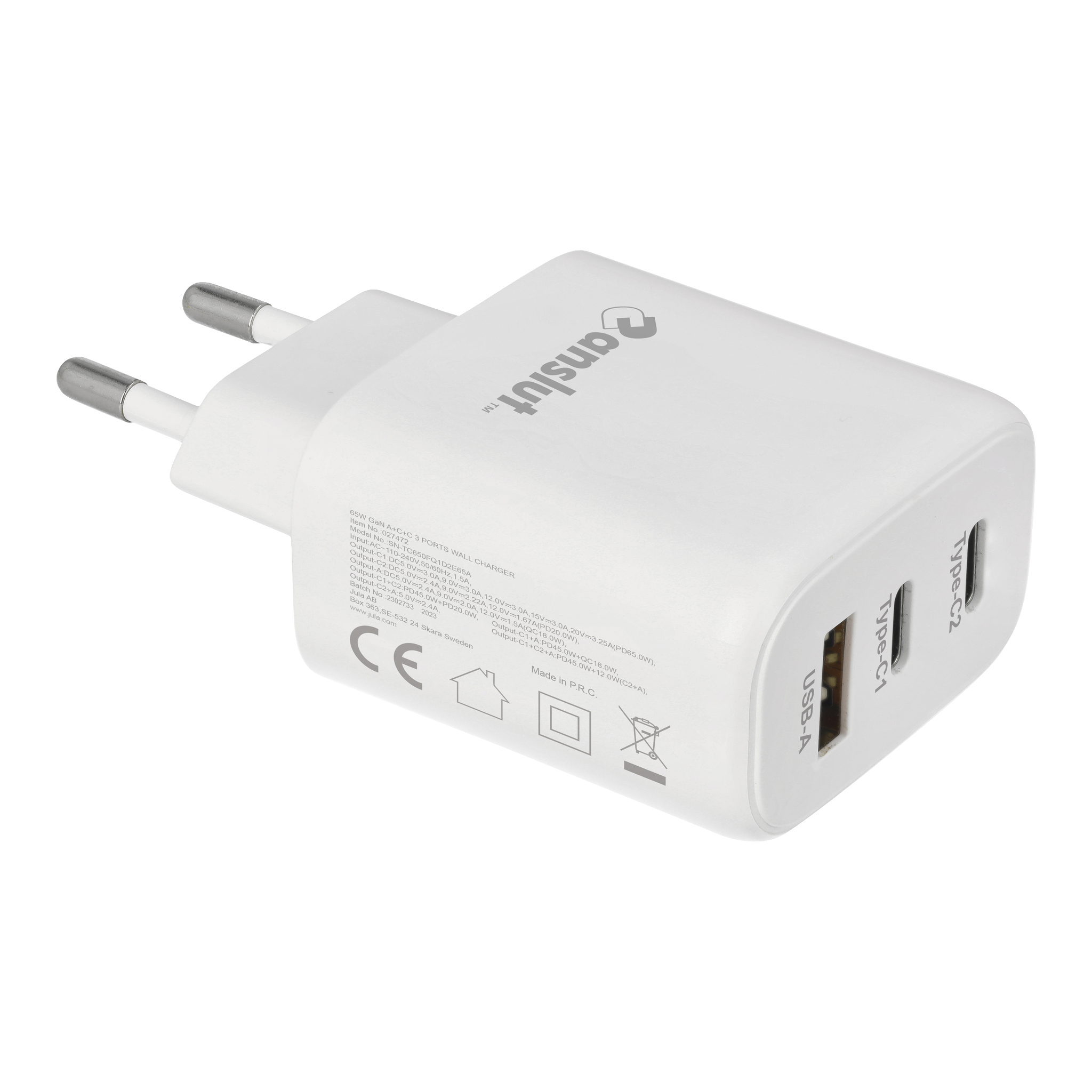 Lader USB-A + USB-C 65 W 5V/3A 110/230 V