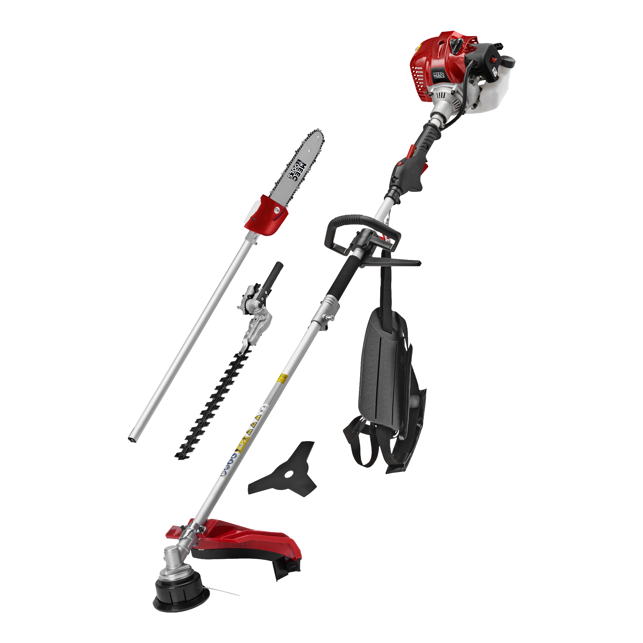Bensindriven multitrimmer 4-i-1 0,9 KW Meec Tools, 4-in-1Meec Tools | 4-in-1 (617)2 2 299.-Fyra olika redskap i enDelbar aluminiumriggDubbelsele ingår