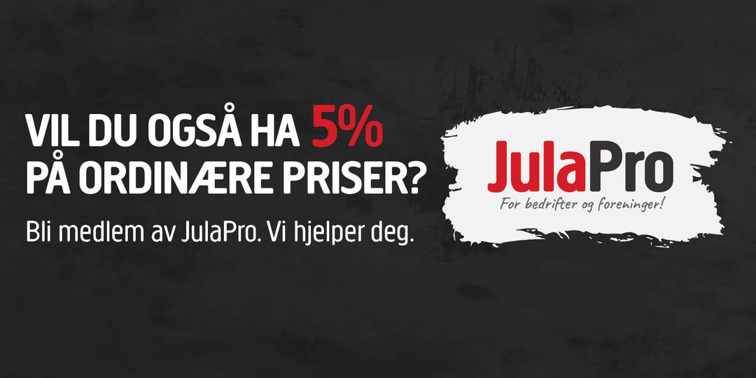 Svart bakgrunn med hvit og rød tekst på norsk med tilbud om 5 % rabatt på ordinære priser for JulaPro-medlemmer. JulaPro-logoen vises til høyre sammen med frasen For bedrifter og foreninger!.