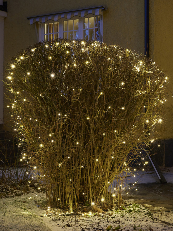 Draußen leuchtet ein kahler Busch in warmweißen Lichterketten; Leichter Schnee bedeckt den Boden, im Hintergrund ein Haus und ein Fenster.