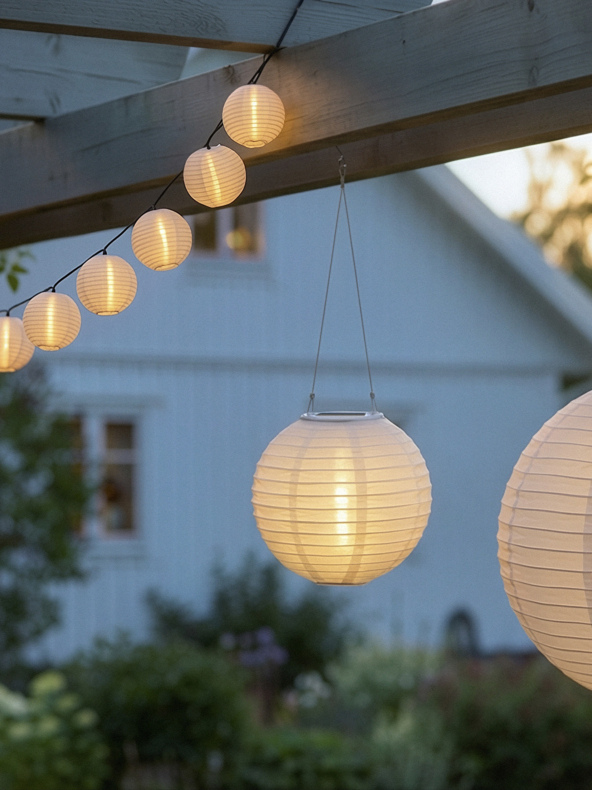 Leuchtende, runde weiße Papierlaternen hängen bei Einbruch der Dämmerung unter einer Pergola draußen, mit einem verschwommenen Haus und einem Garten im Hintergrund.