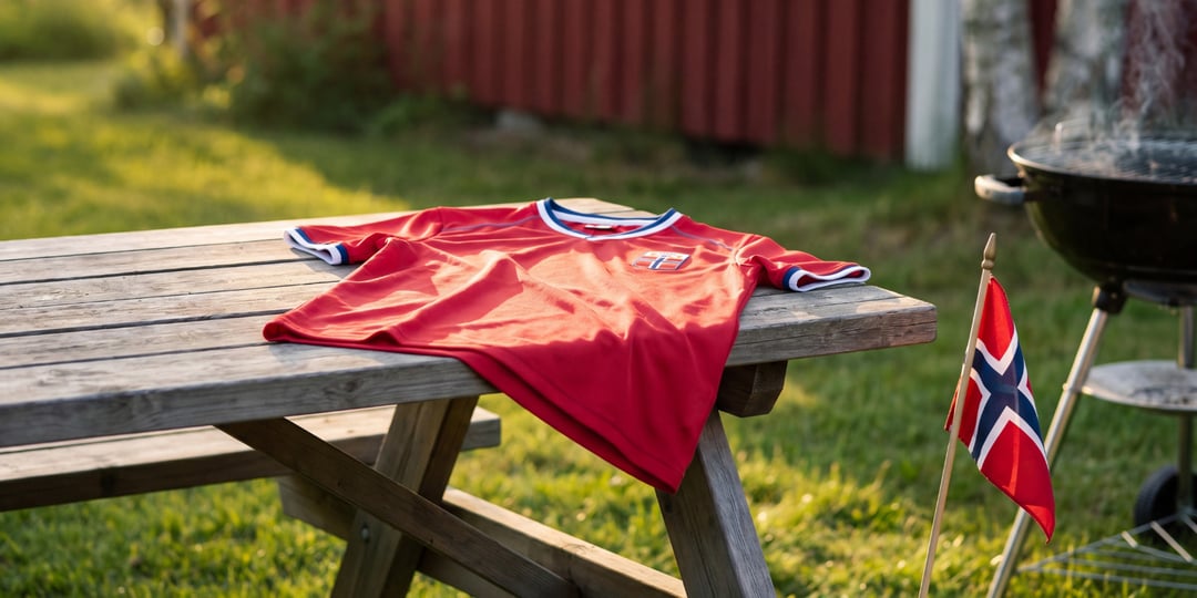 En rød sportstrøye med det norske flagget hviler på et piknikbord av tre. Et lite flagg står i gresset ved siden av en rød bygning.
