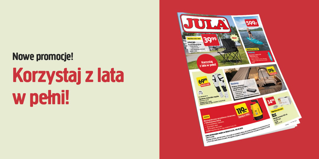 Ulotka Jula przedstawiająca letnie produkty i ceny, promująca nowe oferty i ciesząca się latem, ułożona pod kątem na czerwonym tle z tekstem promocyjnym.