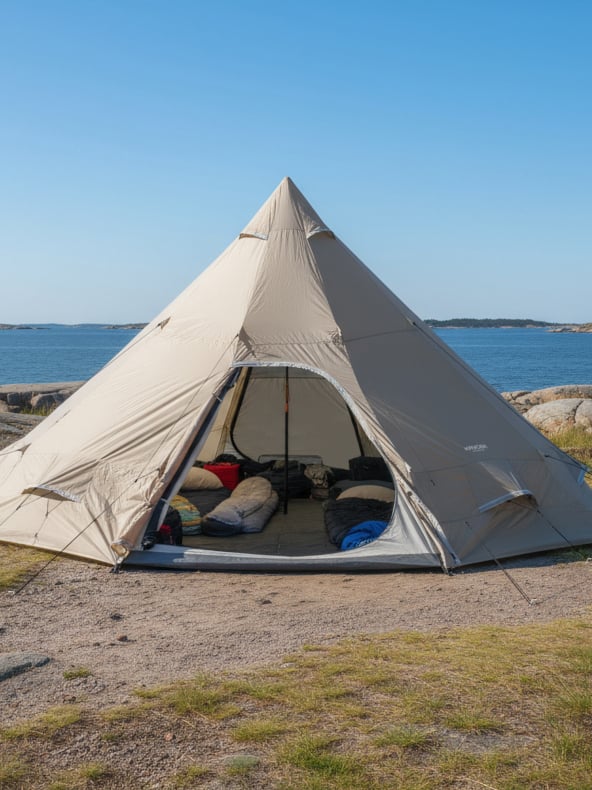 Ett beige tipitält står på stenig terräng vid vattnet och visar sovsäckar och campingutrustning under en klarblå himmel.