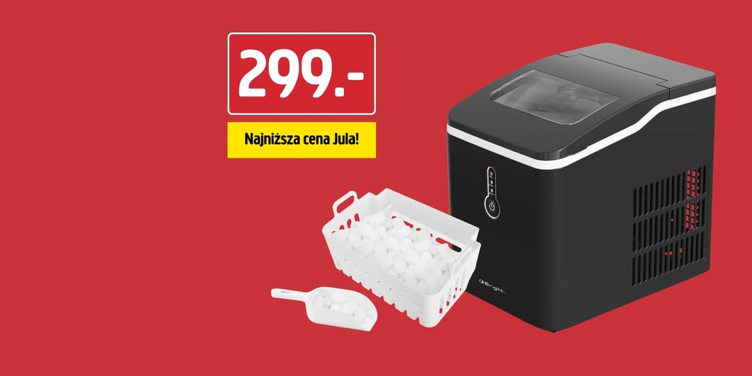 Czarna kostkarka do lodu z przezroczystą pokrywą stoi obok białego koszyka na lód, w którym znajduje się lód i łopatka. Czerwona etykieta po lewej stronie wskazuje cenę 299.- Najniższa cena w Jula!.