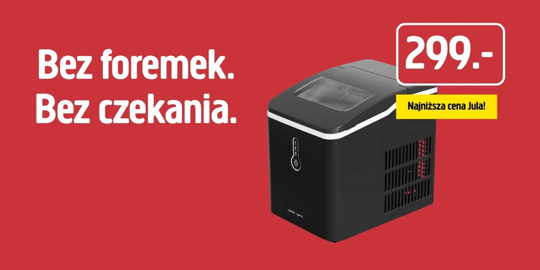 Na czerwonym tle stoi czarna lodówka z kostkarką do lodu. Napis brzmi: „Bez foremek. Bez czekania”. Etykieta z ceną: 299.-, żółta etykieta: „Najniższa cena Jula!”.