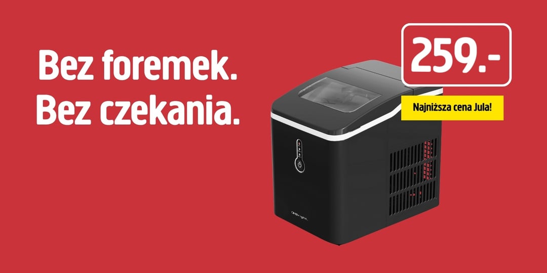Na czerwonym tle stoi czarna kostkarka do lodu z przezroczystą pokrywą. Biały napis głosi: „Bez foremek. Bez czekania”. Na metce widnieje cena 259,-, a żółta etykieta podkreśla: „Najniższa cena Jula!”.