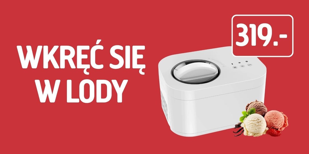 Biała maszyna do lodów na czerwonym tle z trzema gałkami lodów, strąkami wanilii, napisem „Wkręć się w lody” oraz ceną 319.-.