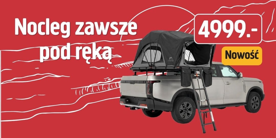 Na czerwonym tle z szkicami krajobrazów widnieje biały pickup z czarnym namiotem dachowym i drabiną; cena 4999; żółta etykieta z napisem „New”.
