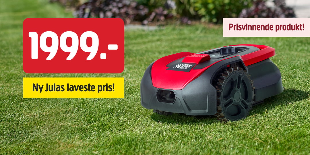 En rød og svart robotgressklipper på grønt gress. Bildet viser prisen 1999,- med gule og hvite bannere som fremhever tilbudene.