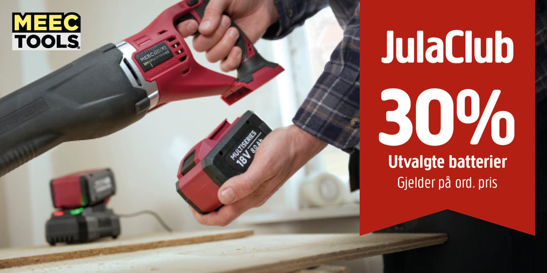 En person setter inn et rødt batteri til en batteridrevet boremaskin. Et rødt banner reklamerer for JulaClub med 30 % rabatt på utvalgte batterier, gjeldende på normalpris. MEEC TOOLS-logoen vises øverst i venstre hjørne.