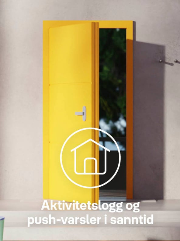 En knallgul dør står på gløtt, og man kan se mørket gjennom åpningen. Nederst på bildet vises et hvitt husikon ved siden av teksten «Aktivitetslogg og push-varsler i sanntid».