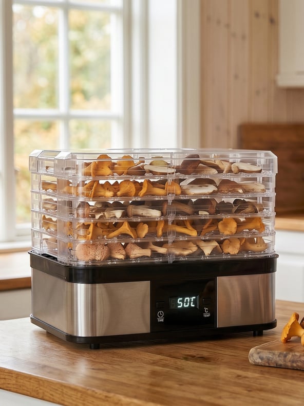En matdehydratator med fyra genomskinliga brickor håller skivade svampskivor och vilar på en träköksbänk. Dess digitala skärm visar 5:01. Bakom den finns ett fönster och väggar med träpanel.