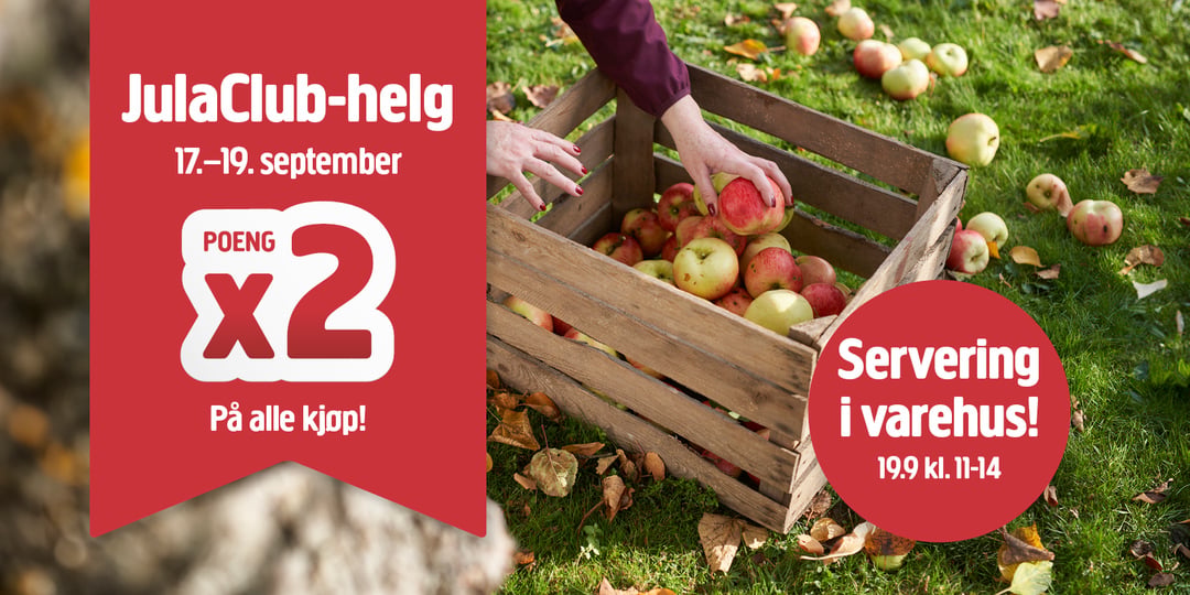 En person plukker epler fra gresset og legger dem i en trekasse. Teksten reklamerer for et JulaClub-arrangement som tilbyr doble poeng og servering i butikken fra 17. til 19. september.