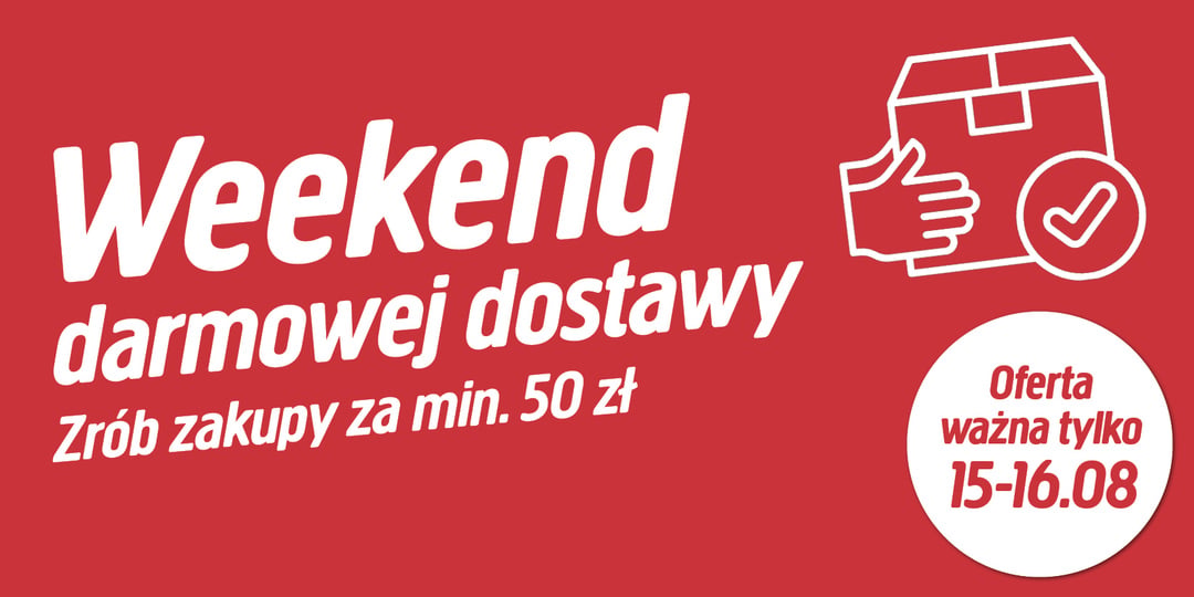 Czerwona grafika z wyraźnym białym tekstem reklamującym bezpłatną wysyłkę przy zamówieniach powyżej 50 zł w ramach oferty obowiązującej wyłącznie w weekend, od 15 do 16 sierpnia. Zawiera ikony kciuka w górę i pudełka z przesyłką.