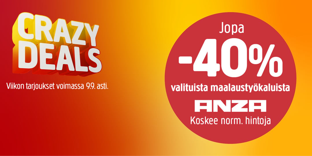 Keltaisesta punaiseen vaihtuvalla taustalla oleva teksti mainostaa Crazy Deals -tarjouksia, joissa valikoiduista ANZA-maalausvälineistä saa jopa 40 % alennusta. Alennus koskee normaalihintoja ja on voimassa tiettyyn päivämäärään asti.