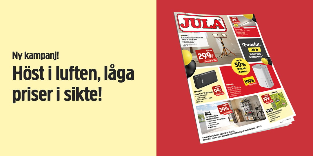 I en annons för Julas höstkampanj syns till vänster en tydlig svart text mot en gul bakgrund, medan det till höger visas en reklamblad med olika rabatterade produkter och priser mot en röd bakgrund.