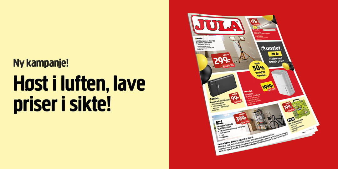 En annonse viser meldingen «Ny kampanje! Høst i luften, lave priser i sikte!» på gul bakgrunn, ved siden av en Jula-butikkbrosjyre som viser ulike produkter, priser og rabatter på rød bakgrunn.