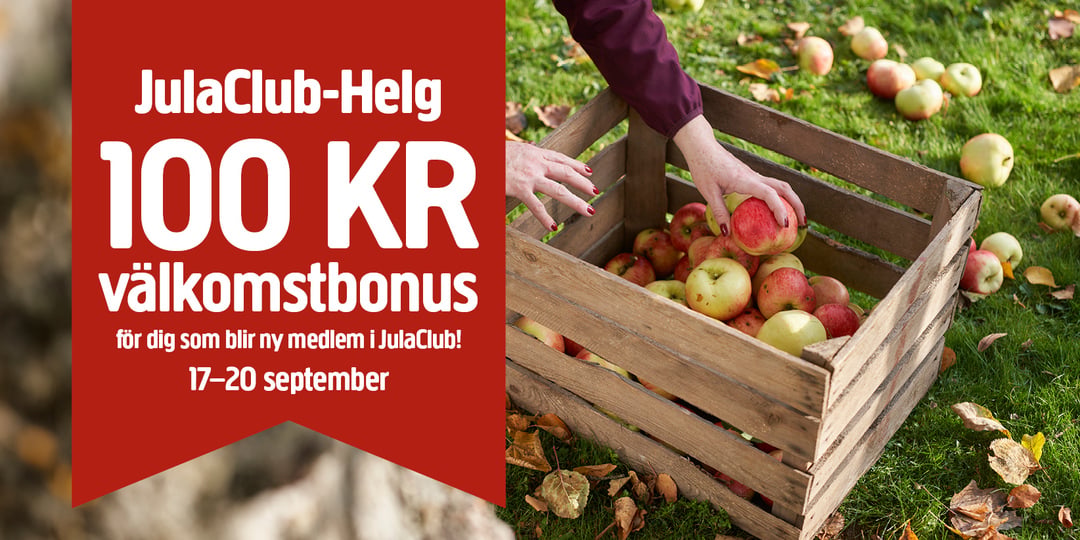 Någon lägger äpplen i en trälåda på en gräsmatta, och det ligger fler äpplen utspridda runt omkring. En röd banner till vänster annonserar en välkomstbonus på 100 KR för nya medlemmar i JulaClub, som gäller från den 17 till den 20 september.