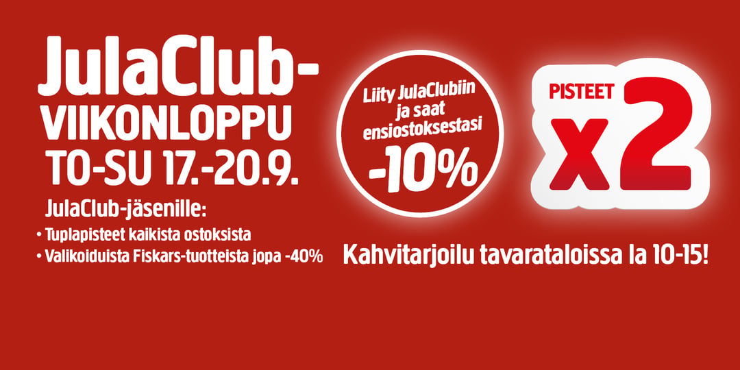 JulaClubin mainos, jossa on kirkkaanpunainen tausta ja valkoiset kirjaimet, korostaa uusille jäsenille tarjottavaa 10 %:n alennusta, kaksinkertaisia palkintopisteitä ostoksista sekä tapahtumapäiviä 17.–20. syyskuuta. Myymälöissä on tarjolla ilmaista kahvia lauantaina klo 10.00–15.00.