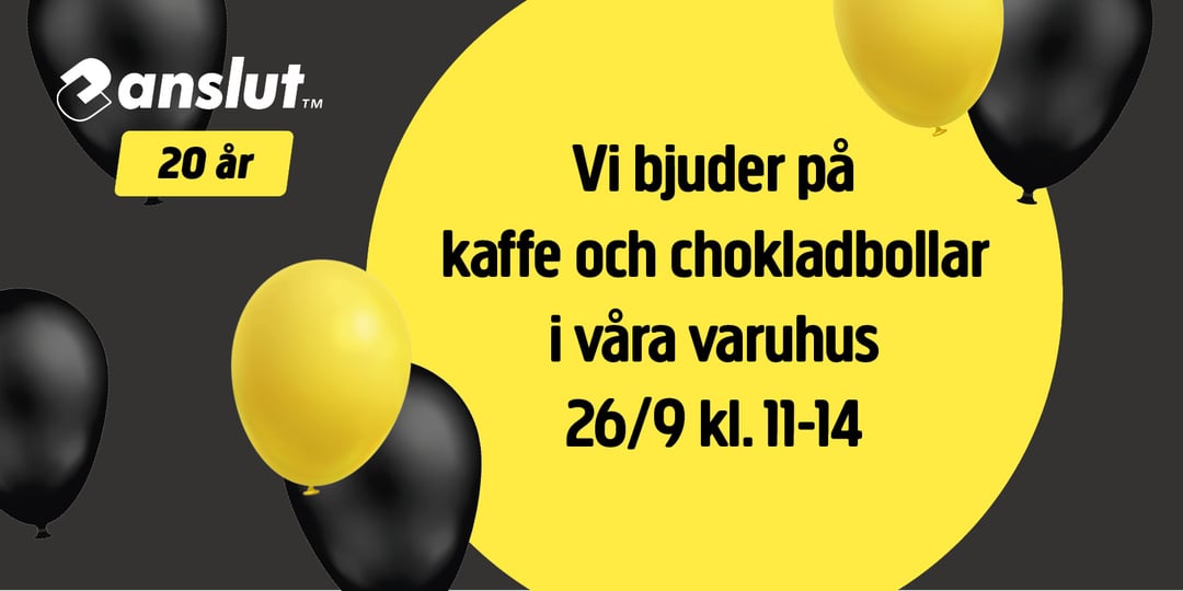 En gul och svart design med ballonger visar budskapet: anslut 20 år. Vi bjuder på kaffe och chokladbollar i våra butiker den 26 september kl. 11–14.
