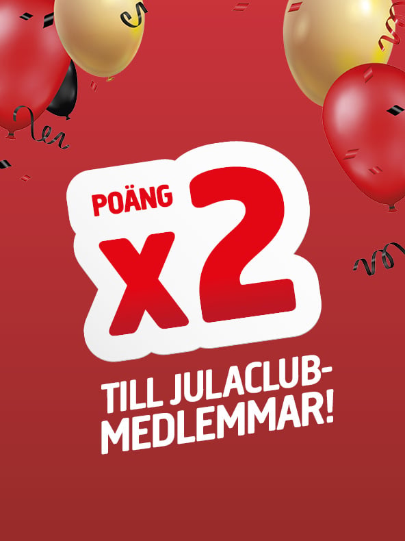 Röd bakgrund med guld-, röda och svarta ballonger. Stor vit text med texten ”Poäng x2” och under den en mindre text som lyder ”Till Julaclub-medlemmar!”. Svart konfetti är utspritt över hela bilden.