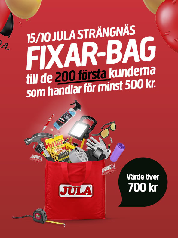 En röd presentpåse med texten ”Jula” på är fylld med olika verktyg och föremål. Texten lyder: ”De första 200 kunderna som handlar för minst 500 kr får en presentpåse värd över 700 kr.” Bakgrunden är röd.
