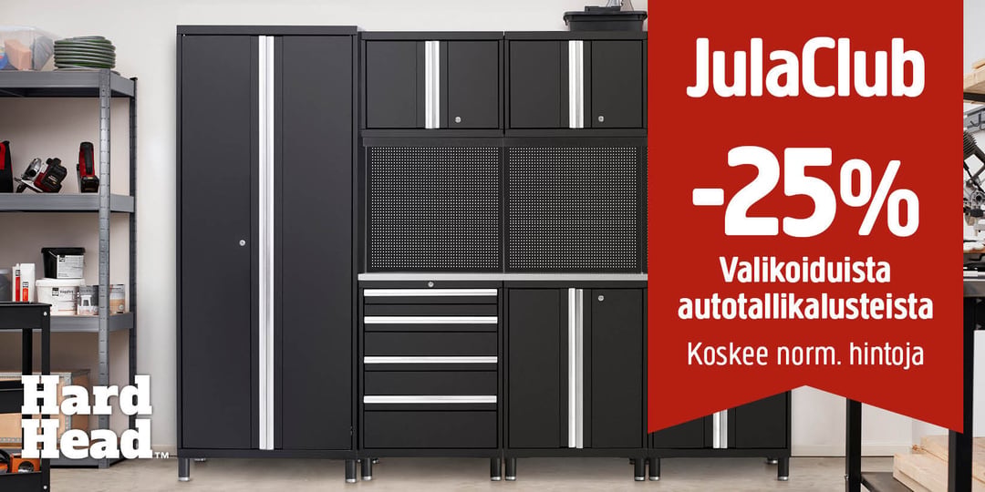 Kuvassa näkyy mustia ja hopeisia autotallikaappeja seinän edessä. Suuressa punaisessa kyltissä lukee: ”25 %:n alennus JulaClub-jäsenille valikoiduista autotallikalusteista.” Hard Head -logo on kuvan vasemmassa alakulmassa.