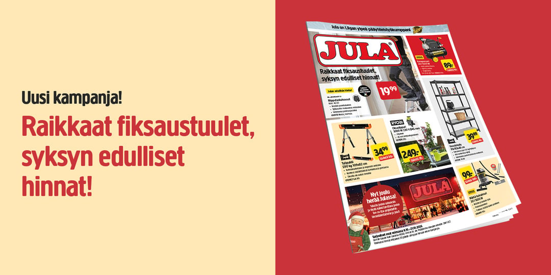 Julan mainoksessa esitetään valikoima työkaluja ja varusteita sekä niiden hinnat punaisella ja beigeillä taustalla. Tekstissä lukee Syyskampanja ja siinä korostetaan edullisia hintoja.