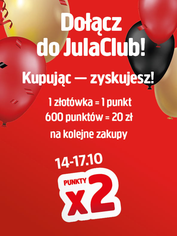 Grafika promocyjna z balonami z napisem: Dołącz do JulaClub! Kupując — zyskujesz! 1 złotówka = 1 punkt, 600 punktów = 20 zł na kolejne zakupy, 14–17 października: punkty x2.