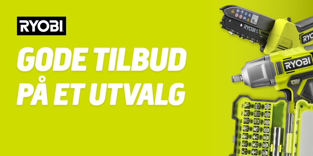 Ryobi-elektriske verktøy og et bor-sett ved siden av teksten GODE TILBUD PÅ ET UTVALG.