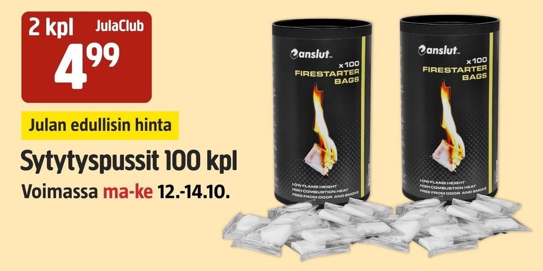 Kaksi laatikkoa Anslut Firestarter -pussipakkauksia, joiden edessä on pino yksittäisiä pusseja, sekä mainoskuva, jossa näkyy hinta 4,99 / 2 kpl ja tarjouksen tiedot 12.–14.10.