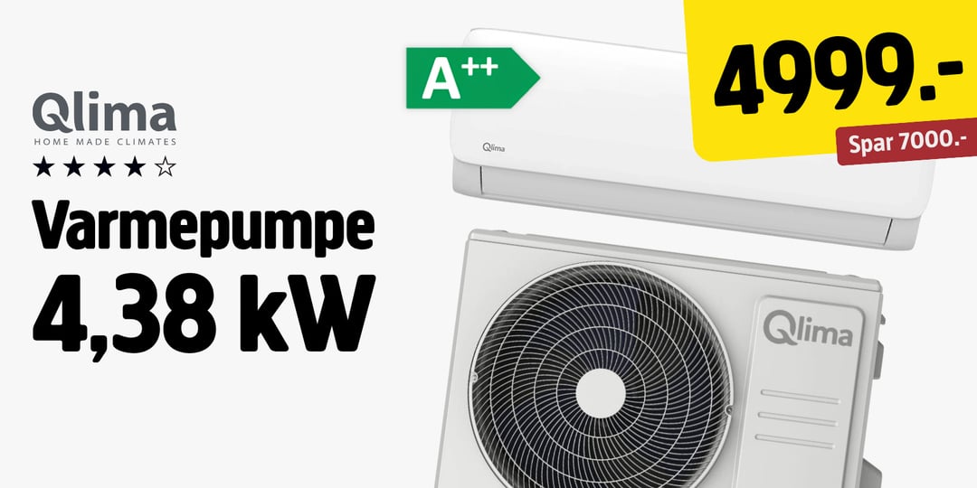 Qlima-klimaanlegg med energimerking A++, til en pris på 4999.-, med påskriften Spar 7000.- og merket Varmepumpe 4,38 kW.