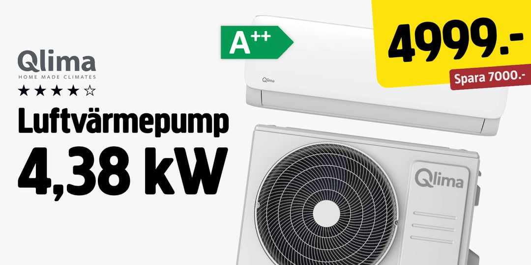 Qlima luftvärmepump med energiklass A++, till ett pris av 4999.- och med en besparing på 7000.-.