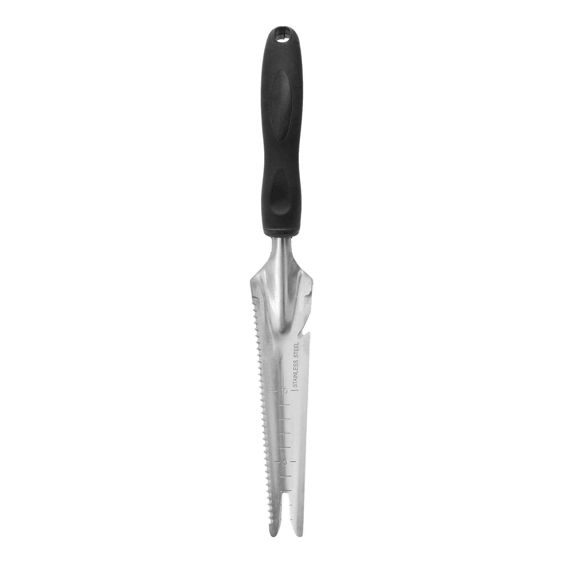 Stalowe narzędzie ogrodowe Hard Head Weeding Rotel z czarną ergonomiczną rączką, prezentujące ostrze z ząbkowanym brzegiem po jednej stronie, prostą krawędzią po przeciwnej oraz wygrawerowanymi oznaczeniami miarowymi biegnącymi wzdłuż ostrza.
