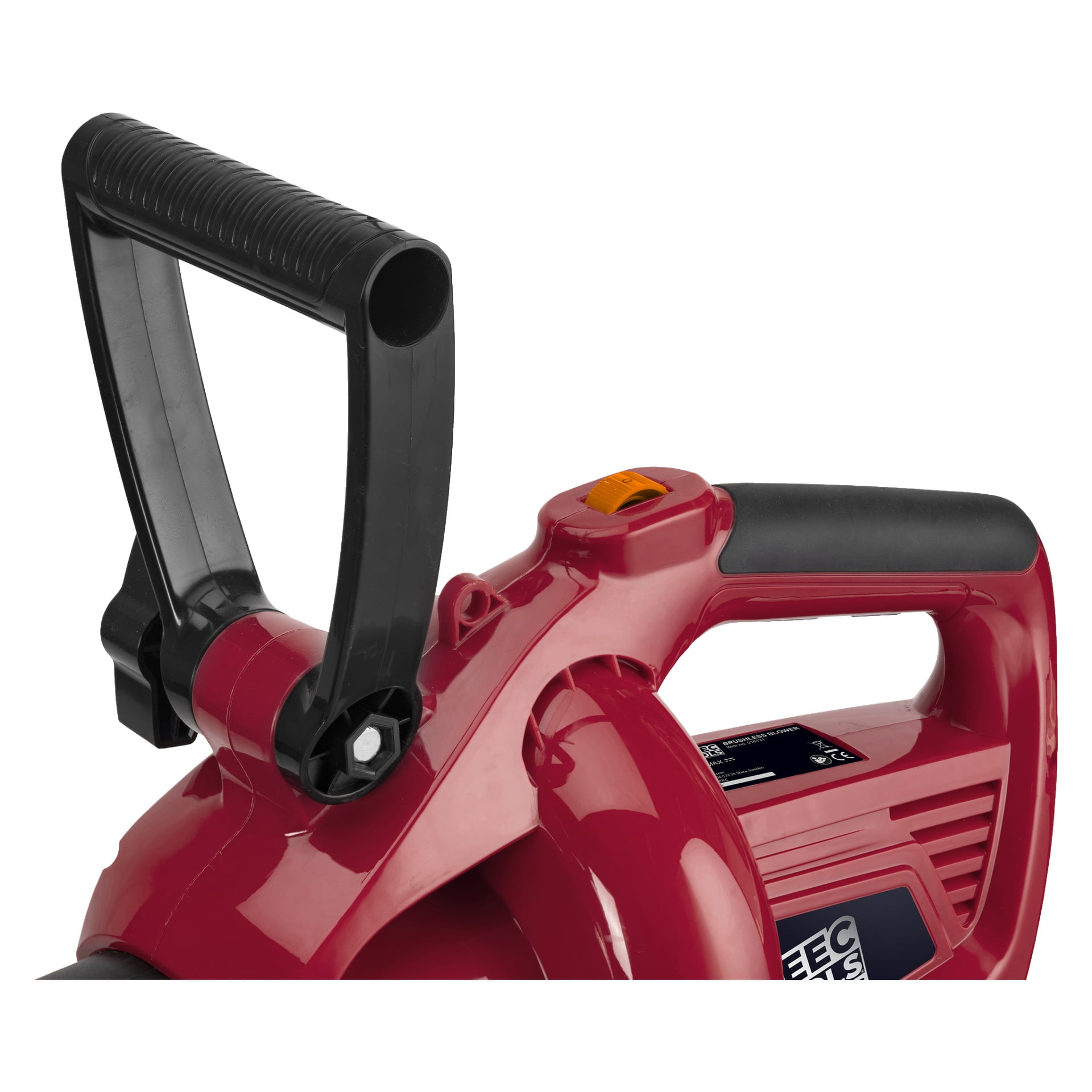 Zbliżenie na dmuchawę/ssanie liści Meec Tools Multiseries 40 V w kolorze czerwonym, skupiając się na obszarze sterowania. Na głównej rączki znajduje się uchwyt pomocniczy oraz mały pomarańczowy przełącznik. Nowoczesne urządzenie wyświetla widoczny tekst i detale wentylacyjne.