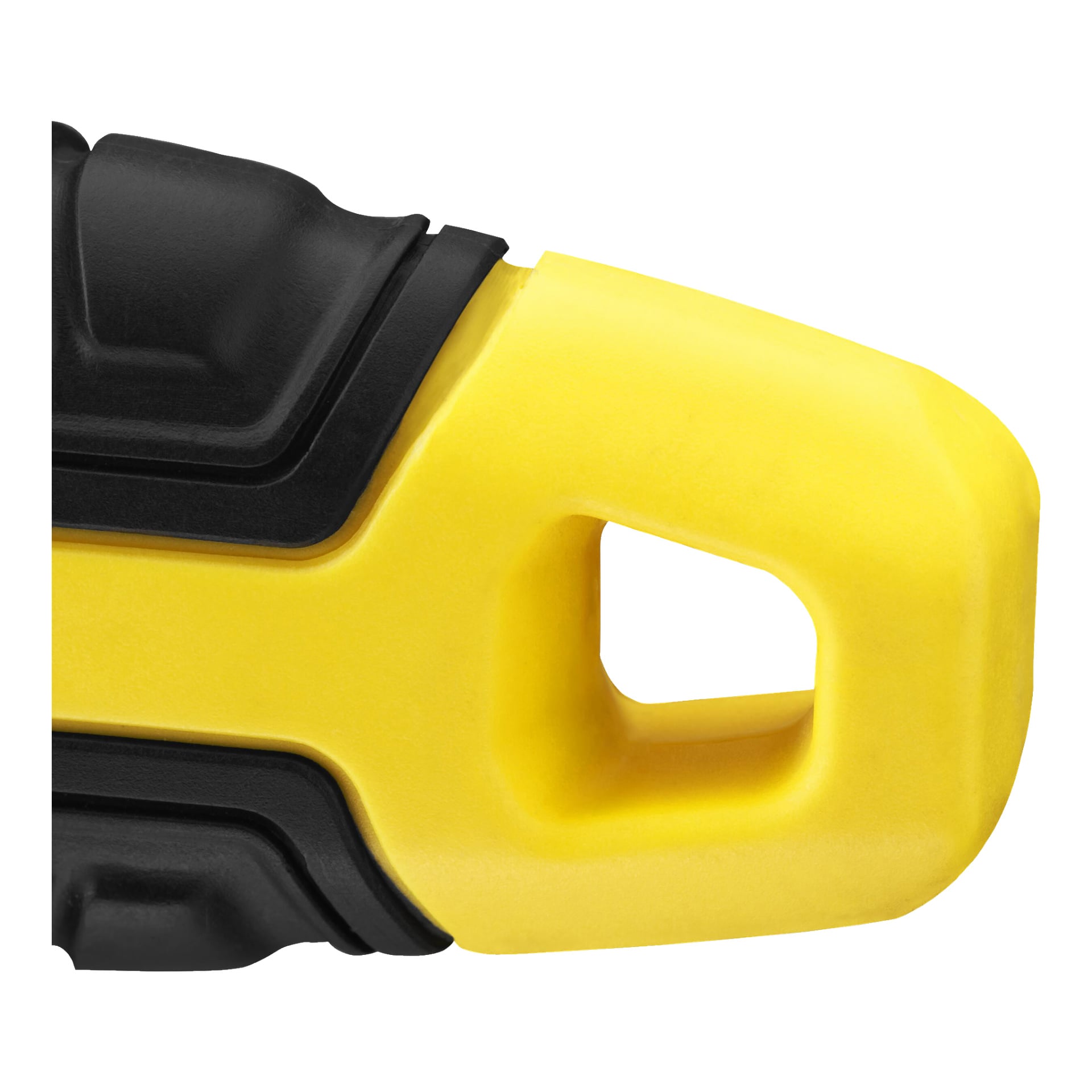 Szczegółowy widok żółto-czarnej plastikowej rękojeści z zestawu Stanley Adjustable Spanner Set MaxSteel (zestaw 3), podkreślający prostokątny otwór, teksturowane obszary chwytu oraz gładkie powierzchnie.