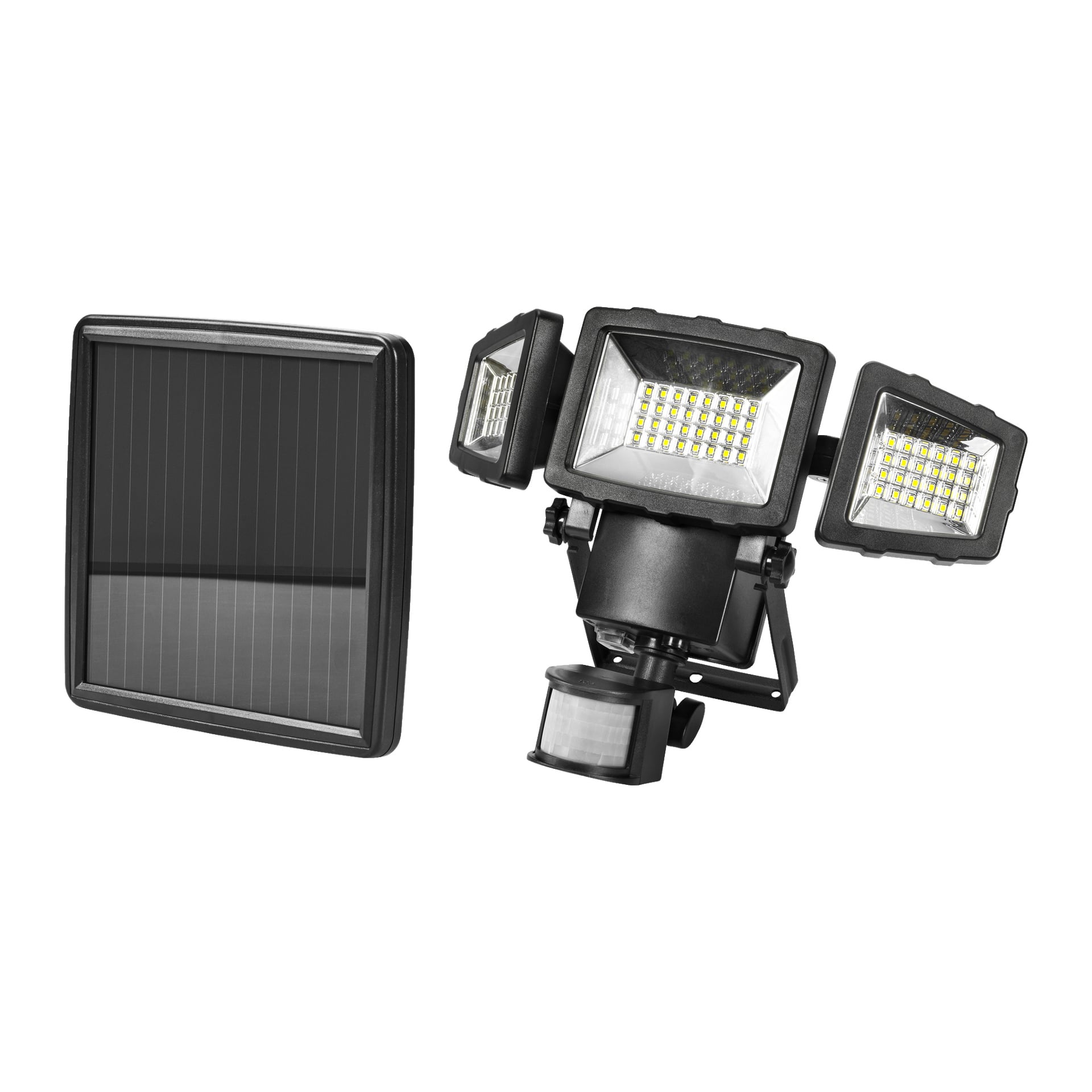 Lampa Anslut Solar z diodą LED czujnika ruchu zawiera panel słoneczny oraz trzy czarne, regulowane głowice lamp LED, z czujnikiem ruchu pod spodem, zapewniającym bezpieczeństwo na zewnątrz.