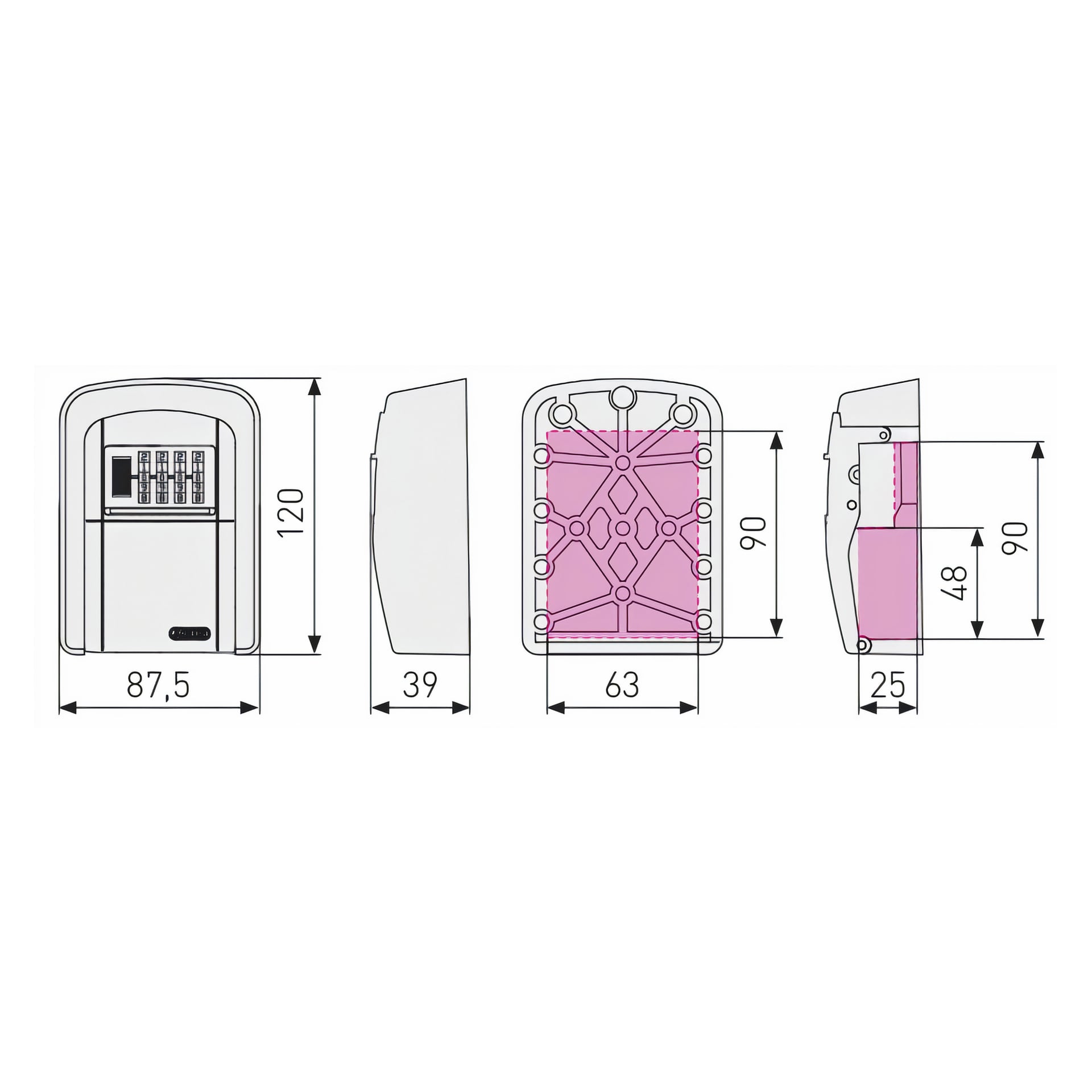 Teknisk diagram av ABUS Key Garage 707, som viser en rektangulær låseboks med dimensjonene 120 mm høy, 87,5 mm bred og 39 mm dyp. Innvendige seksjoner er merket rosa, med nøkkelrommet som måler 63 mm ganger 90 mm og har et eget 48 mm segment nederst.