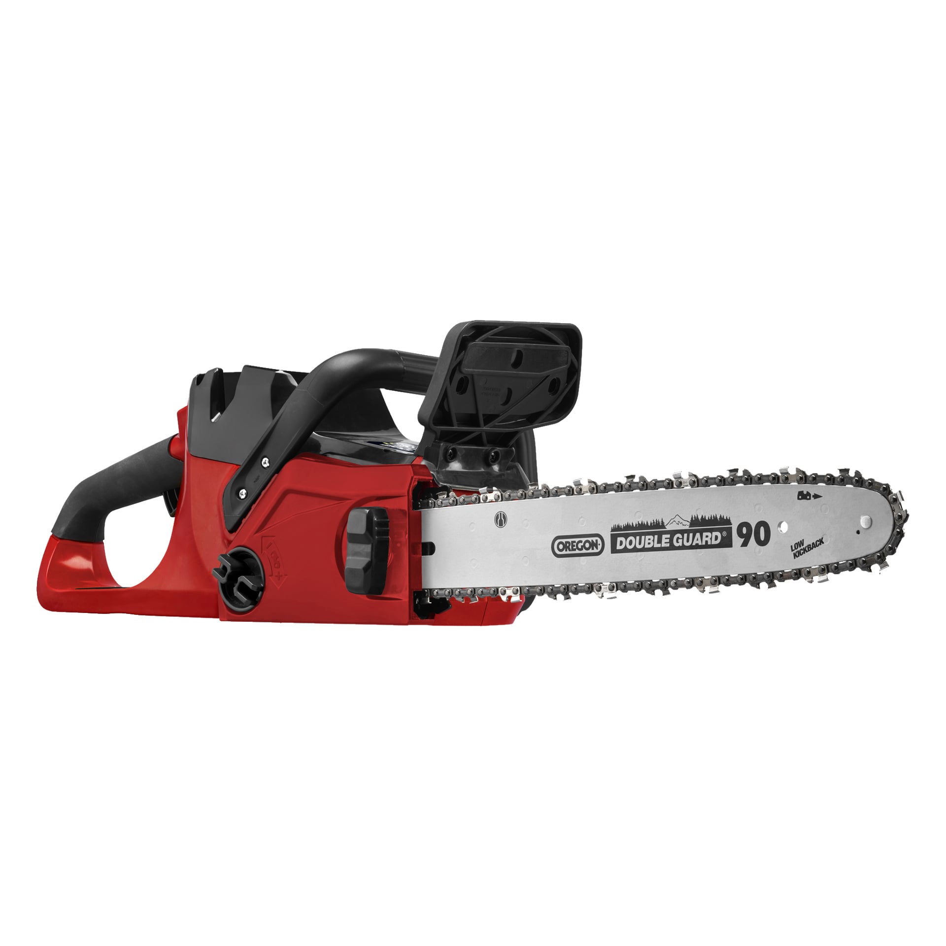 En röd och svart Meec Tools Multiseries 40 V batterimotorsåg visas från sidan, med synligt kedjeblad, svart handtag och Oregon Double Guard 90-märkning på bladet.