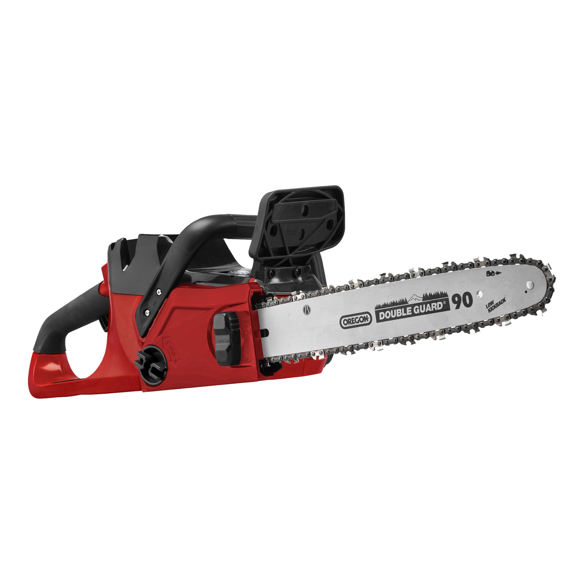 En röd och svart Meec Tools Multiseries 40 V batterimotorsåg med ett silverfärgat Oregon Double Guard 90-blad visas i en sidovy.
