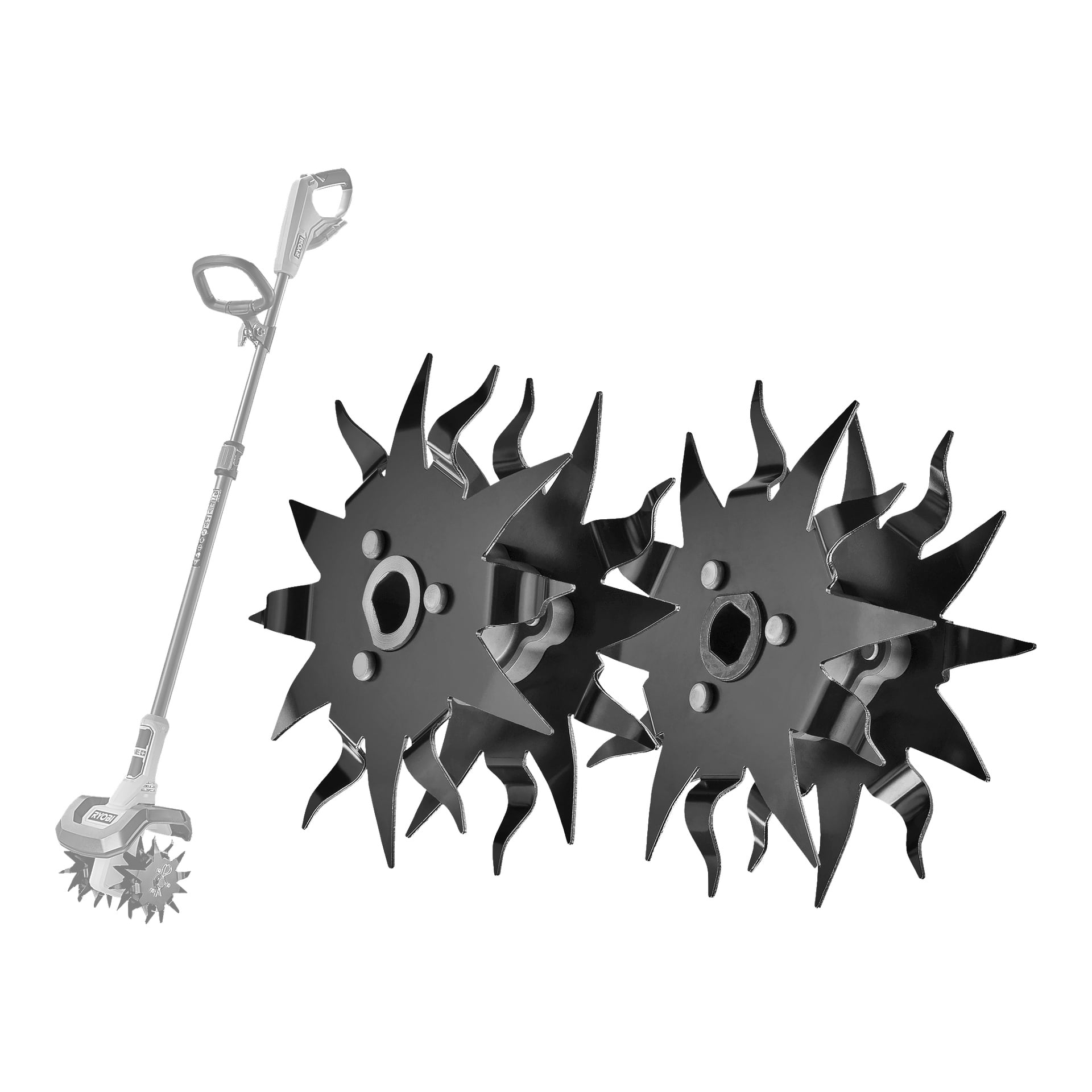 Ett Ryobi One+ Knives för en Cultivator 2-pack visas, med den sladdlösa trädgårdsodlaren till vänster och två separata stjärnformade taggiga metallblad tydligt synliga till höger.