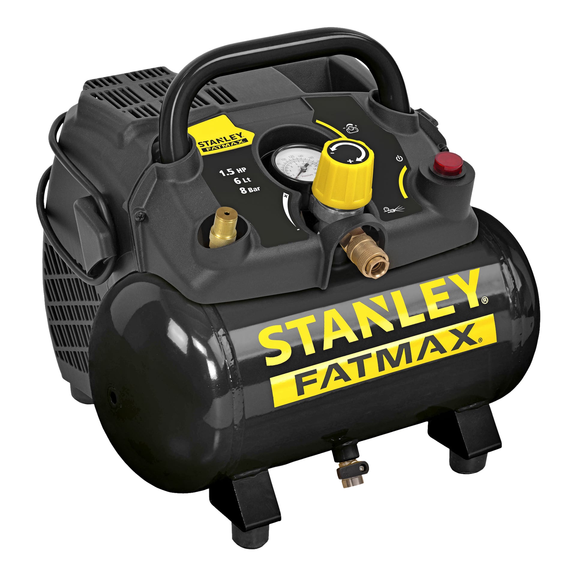 kompresor Stanley Fatmax FMXCMD156HE ma cylindryczny zbiornik, górną rączkę i wyraźne żółte etykiety. Zawiera manometr, pokrętło sterujące oraz dwa mosiężne złącza w górnej części. Kompresor jest kompaktowy, z solidnymi stopkami dla stabilności.