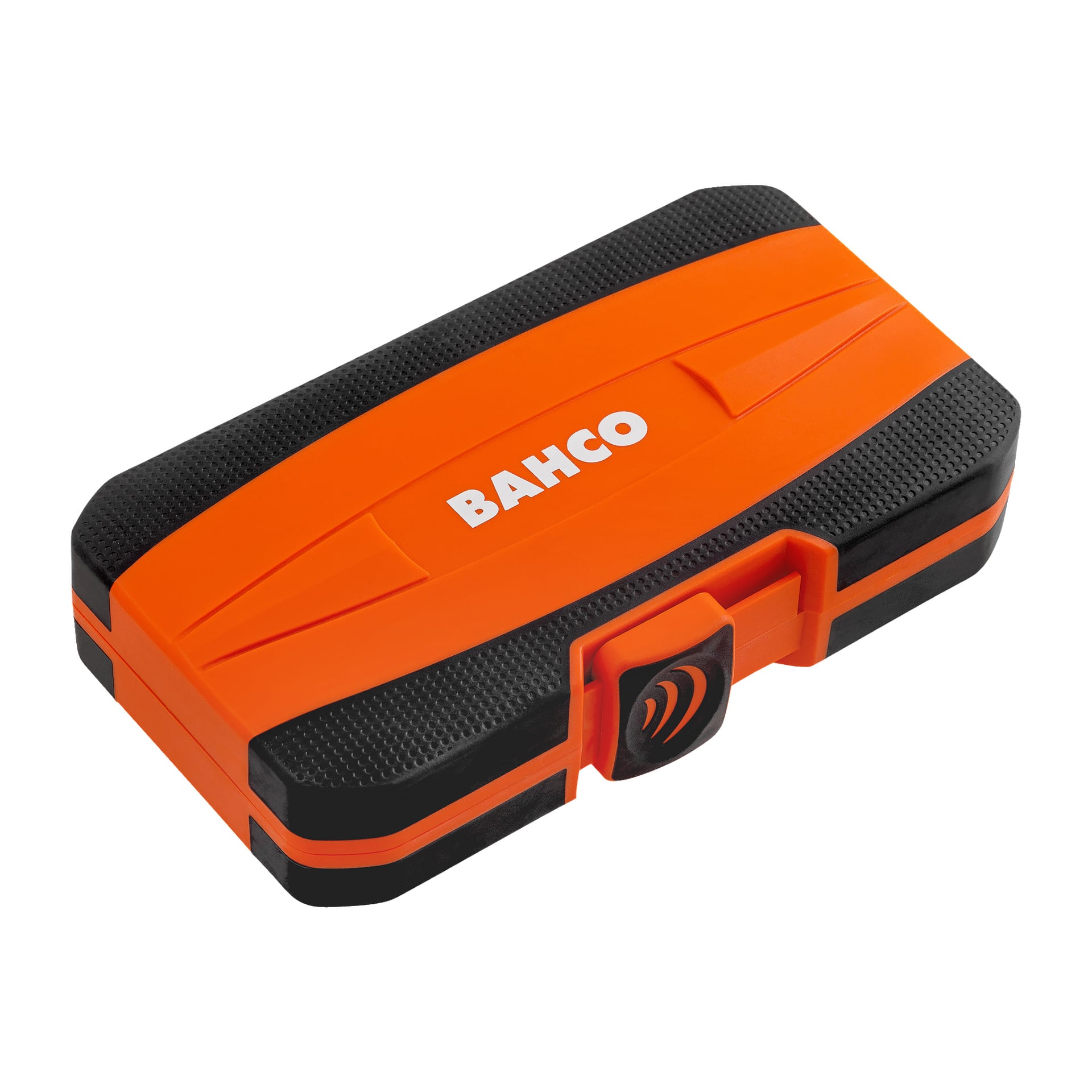 Ett stängt, rektangulärt Bahco Bit-setfodral med 36 delar, designat i orange och svart med texturerade sidor och ett svart lås framtill.